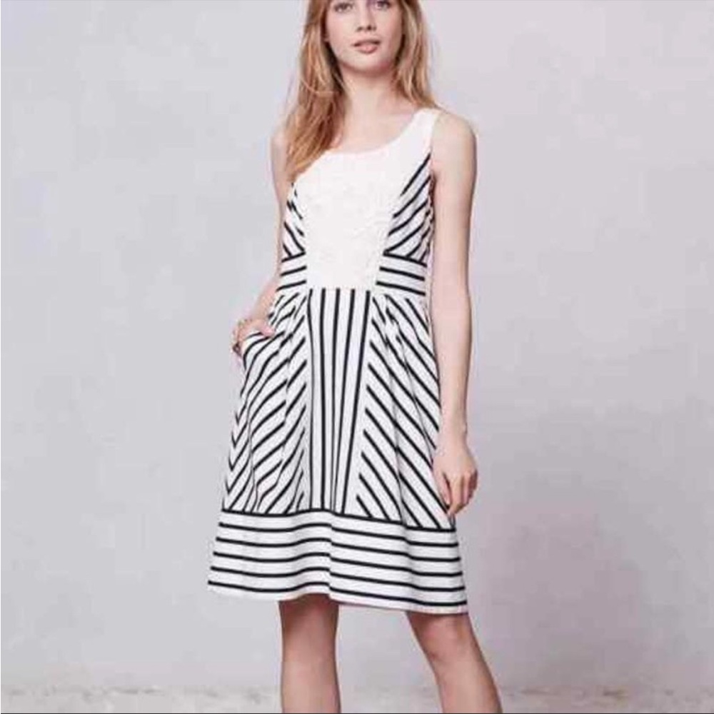 Anthropologie Maeve Women's Chessia Stripe Lace Bodice Dress Fit & Flare